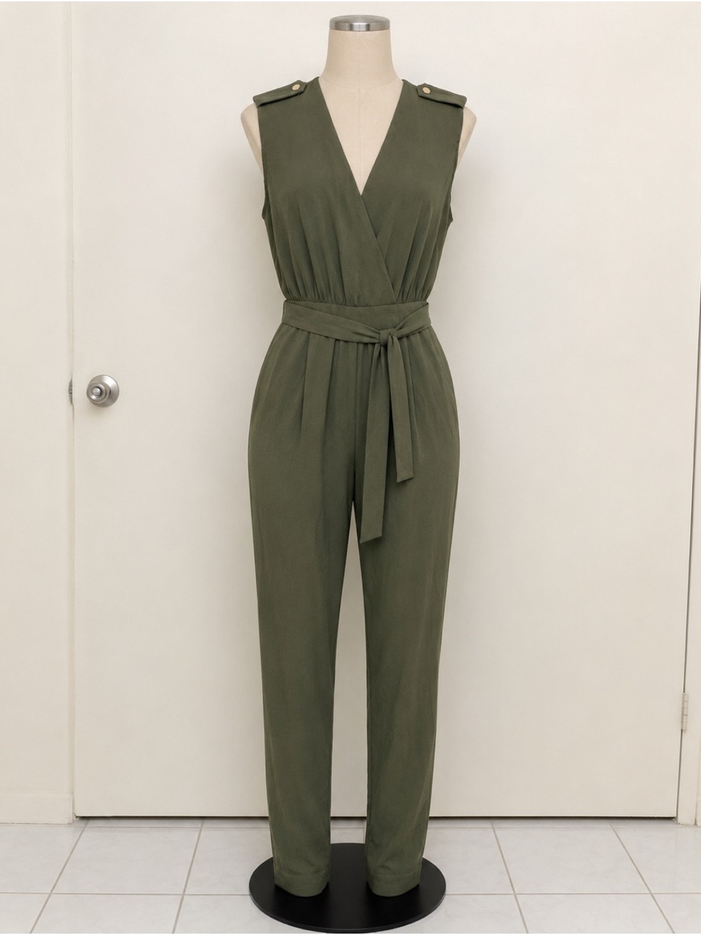 Beautiful Bebe Sleeveless V neck Olive Wrap Jumpsuit with Belt brand new